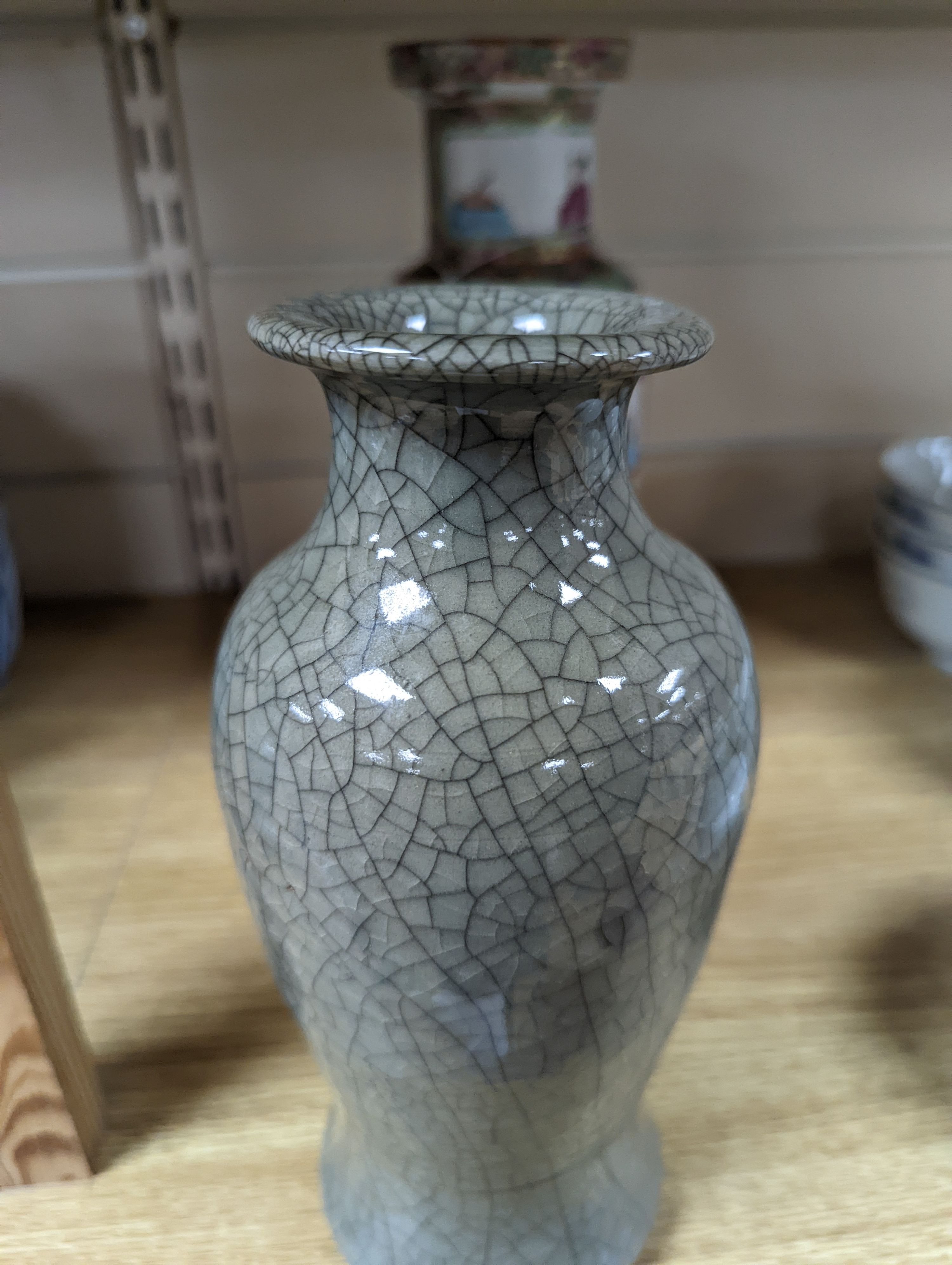 Two Chinese famille rose vases and a Celadon crackle glazed vase, 19th-century and later, tallest 25 cm